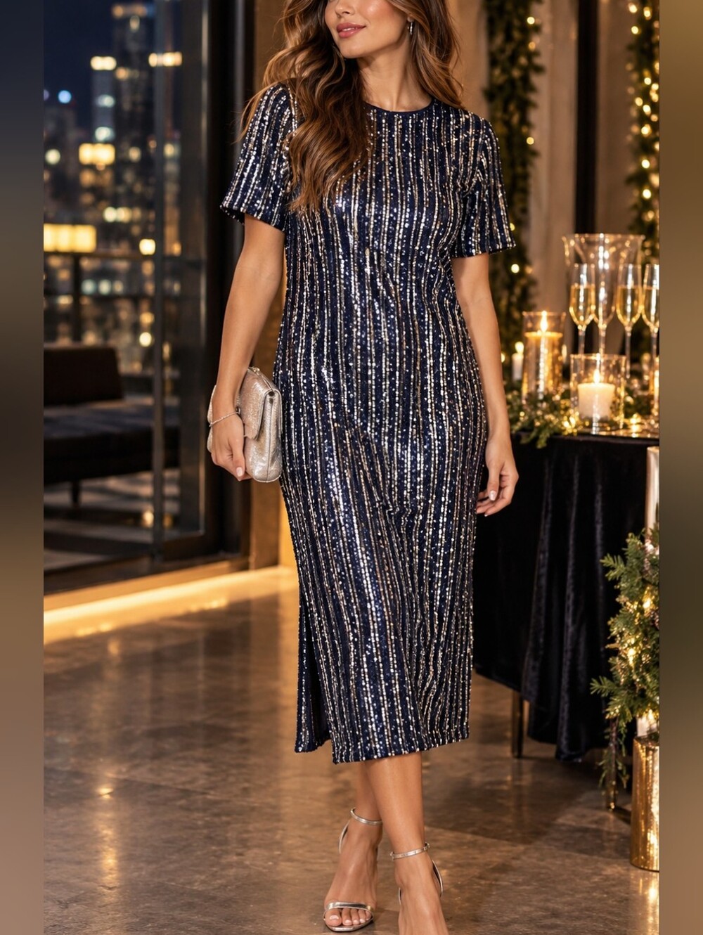 Anthropologie Flat White Sequin Striped Midi Dress XS NWT